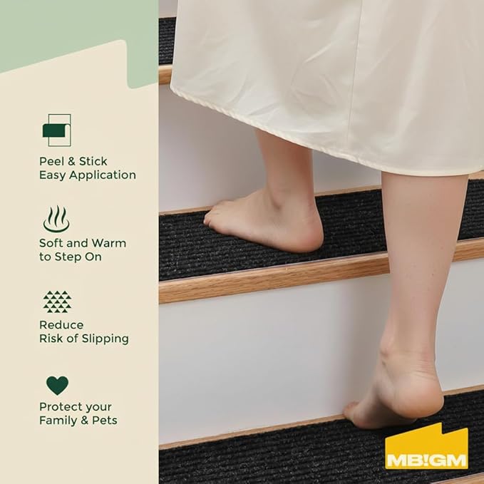 MBIGM 8" X 30" (15 in Pack) Non-Slip Carpet Stair Treads Non-Skid Safety Rug Slip Resistant Indoor Runner for Kids Elders & Pets with Reusable Adhesive - Black - Carpet Pads for Stairs