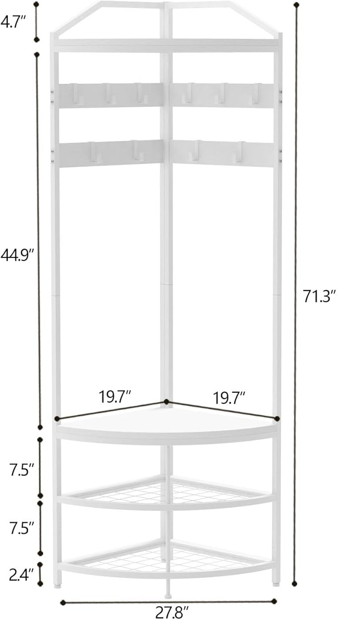 GiftGo Corner Hall Tree with Shoe Bench Entryway Coat Rack with 10 Metal Movable Hooks Freestanding Clothes Rack Shoes Shelf Organizer for Home Office Bedroom (White)