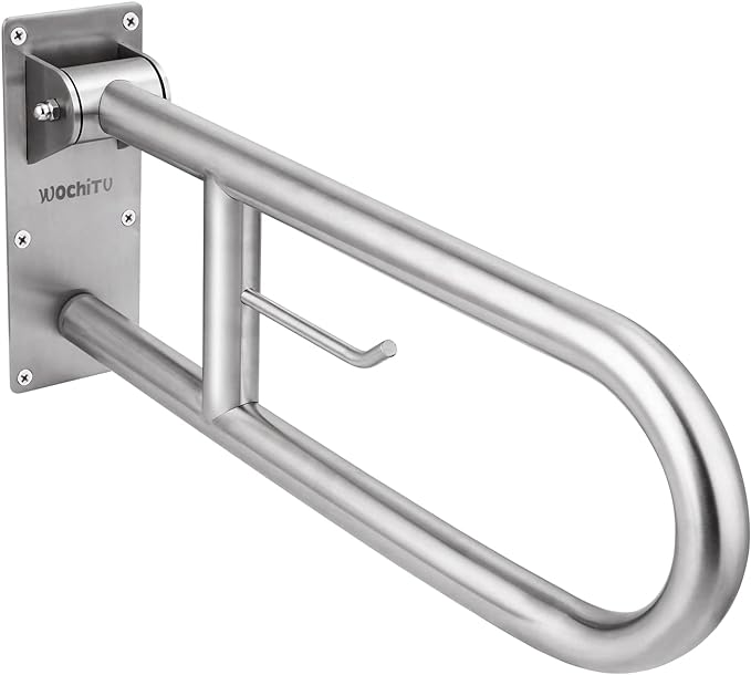 29.5 INCH Stainless Toilet Safety Rails,Disabled Flip-Up Bathroom Grab Bar with Paper Holder,Toilet Handrails Hand Grips Handle Shower Assist Aid, WochiTV Handicap Grab Bars for Elderly