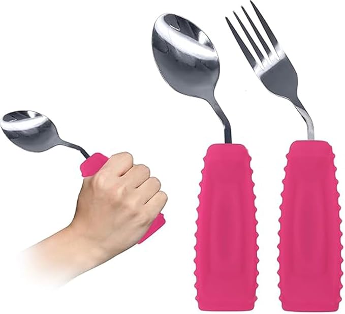 Adaptive Utensils,Weighted Angled Silverware,Parkinsons Aids,Curved Non-Slip Easy Grip Spoon and Fork Set for Tremors,Disabled,Handicap,Elderly,Arthritis (Right Hand,Pack of 2,Rose Pink)