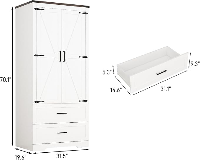 2 Doors Wardrobe Armoire Closet with Doors and Drawers, Farmhouse Wooden Armoire Storage Cabinet with Shelves & Hanging Rod for Bedroom, White