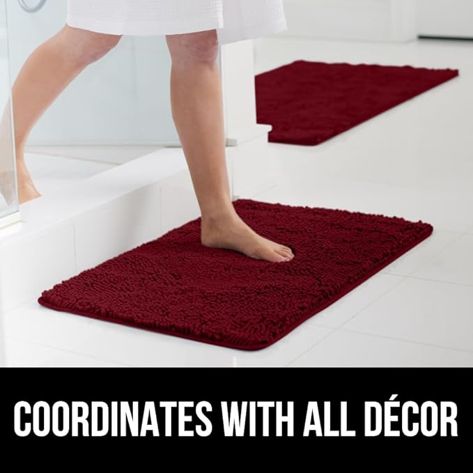 GORILLA GRIP Bathroom Rug Sets 3 Piece, Bath Mat Set and Oval Toilet Base with Rubber Backing, Plush Absorbent Shaggy Chenille Washable Mats, Includes 24x19.5, 24x17 and 30x20 Inch Rugs, Burgundy