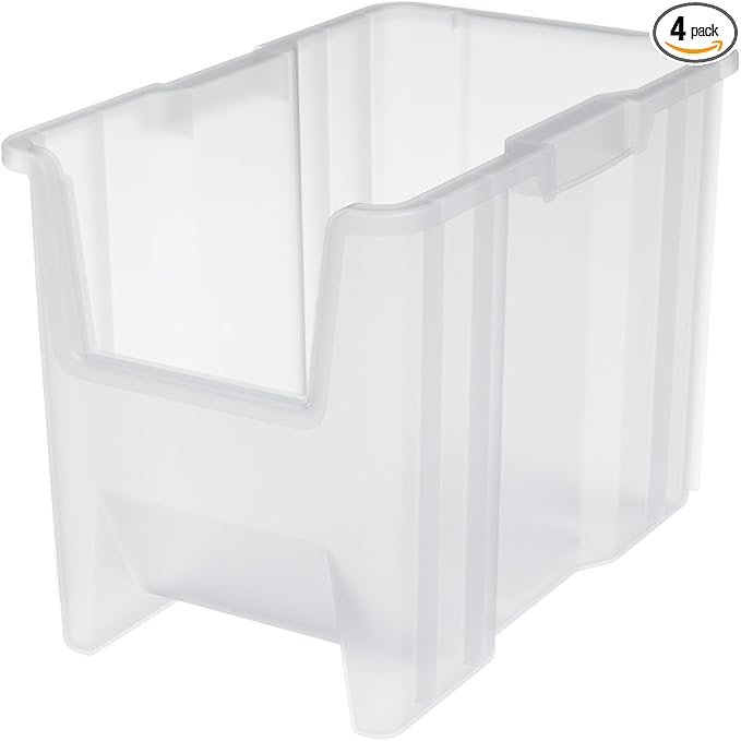 Akro-Mils 13014 Stak-N-Store Heavy Duty Stackable Open Front Plastic Storage Container Bin, (17-1/2-Inch x 11-Inch x 12-1/2-Inch), Clear, (4-Pack)
