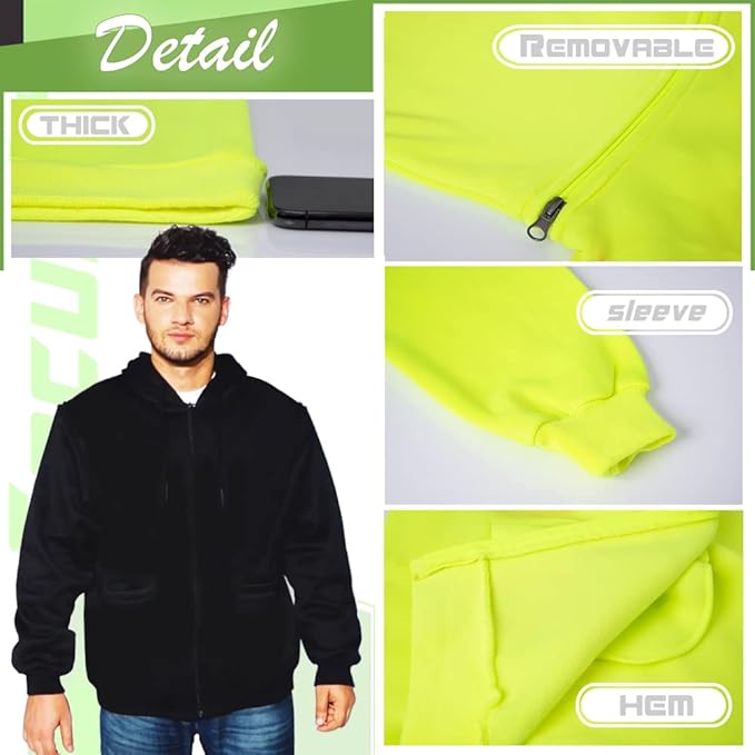 YOWESHOP High Visibility Reflective Safety Hoodie Jacket With Removable Sleeves Hi Vis Outdoor Protective Workwear Unisex