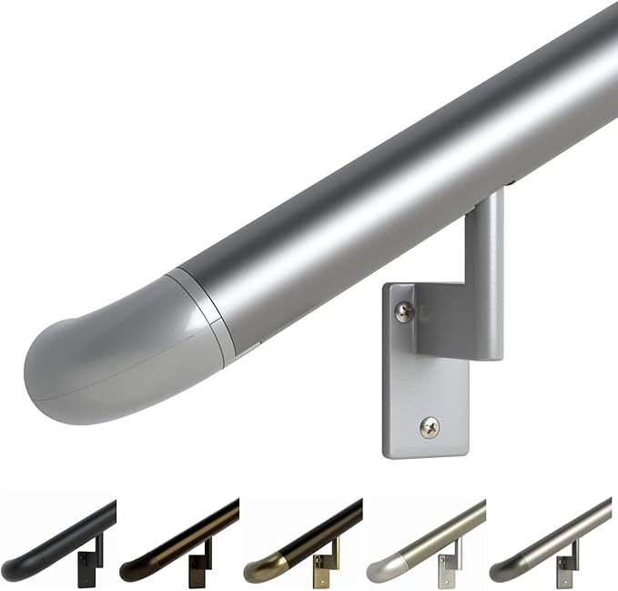 Promenaid 12ft ADA Handrail Kit - Silver - Complete Indoor/Outdoor Handrail for Stairs - 1.6" Round Anodized Aluminum Railing with 6 Silver Painted Pivoting Brackets & ADA Wall Returns