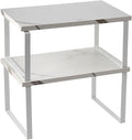 Cabinet Organizer Shelf, Set of 2 Expandable Kitchen Countertop Shelves with Spice Rack - Stackable Storage in Metal and Wood15.7 inches (White)