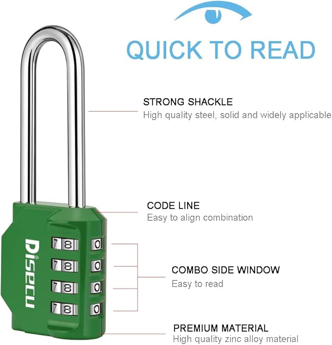 2 Pack disecu 2.6 Inch Long Shackle Combination Lock, 4 Digit Outdoor Waterproof Padlock for School Gym Locker, Sports Locker, Storage Unit, Gate, Fence, Toolbox, Cabinet (Green)