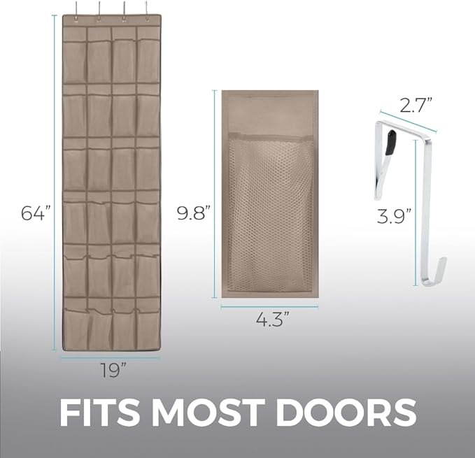 HOME GENIE Over the Door Hanging Shoe Organizer, 24 Breathable Mesh Pockets, Closet Rack Storage Holder, Stay in Place Hooks Hang on Closets, Hanger Holds Up to 40 lbs for Shoes, Accessories, Beige