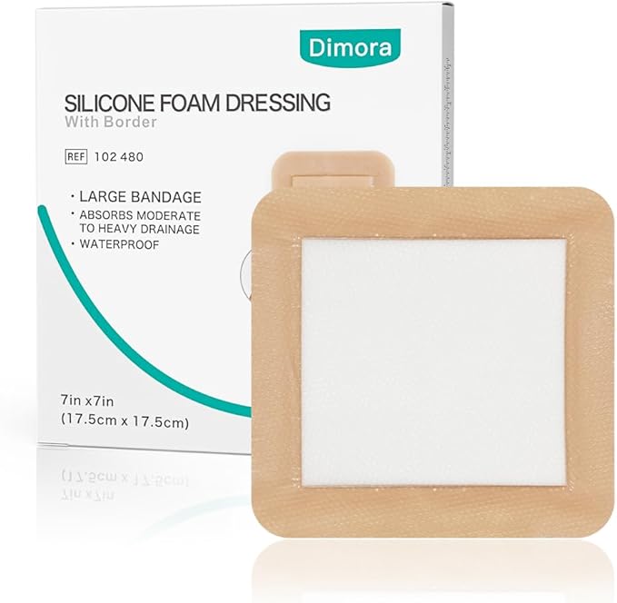 Dimora Large Bandage Ultra Soft Wound Dressing - Bordered Silicone Adhesive Foam Dressing 7"x7" (5"x5"pad) for Bed Sores,Burn Treatment,Large Surgical Wound,Diabetic Ulcers,5 Pack