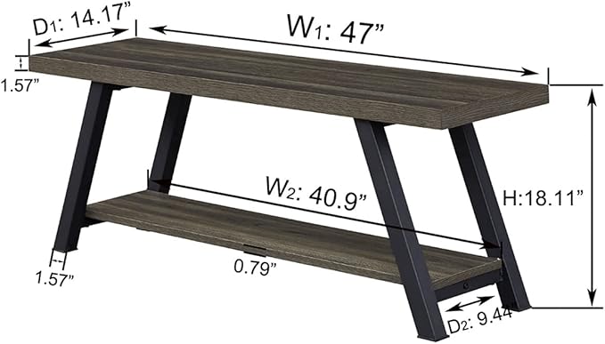 LVB Storage Bench, Industrial Indoor Entryway Bench, Wood Metal Hallway Accent Bench for Sitting, Rustic Shoe Rack Organizer Cabinet in Foyer Bedroom Living Room, Dark Gray Oak, 47 Inch Long