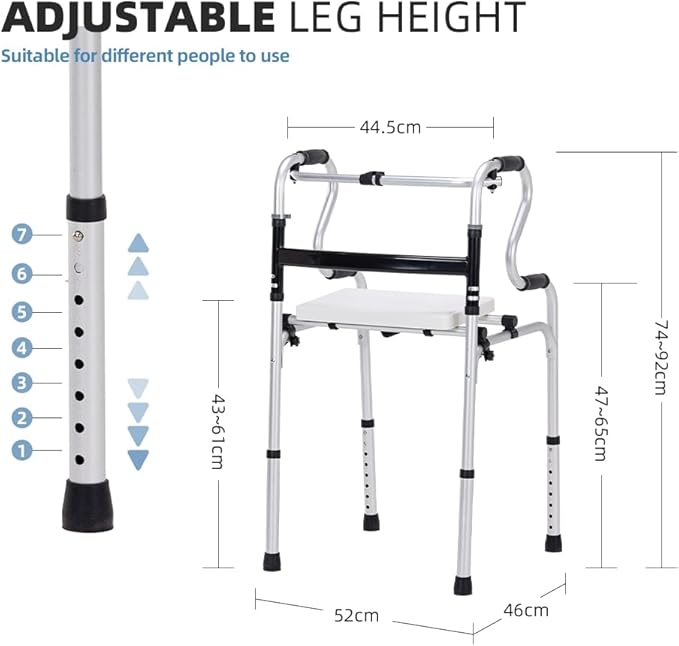 300LBS Lightweight Folding Walker with Seat,Storage Bag,Adjust Height (5'-6'5"), 2-in-1 Fixed/Cross Modes, Stable Aluminum Mobility Aid for Seniors, Post-Surgery Patients & Mobility-Impaired