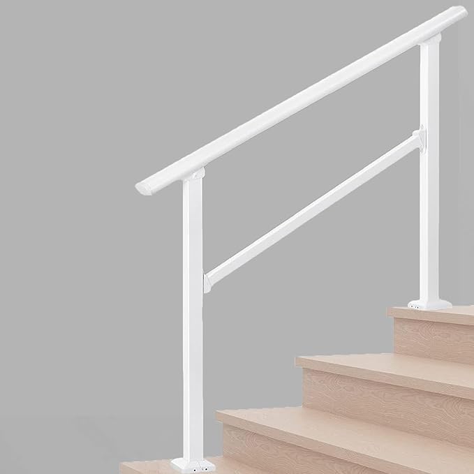 Metty Metal Handrails for Outdoor Steps Suitable for 1 to 5 Steps- Wrought Iron Stair Railing- Step Steady with 5 Feet Handrailing- Safe Indoor Home Banisters (White-Straight, 5 Step)