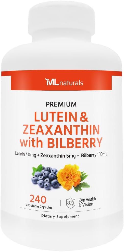 ML Naturals Premium Lutein & Zeaxanthin with Bilberry 240 Vegetable Capsules. Lutein 40 mg, Zeaxanthin 5 mg, and Bilberry 100 mg. Healthy Eyes & Vision, NSF-Certified & cGMP-Compliant Facility