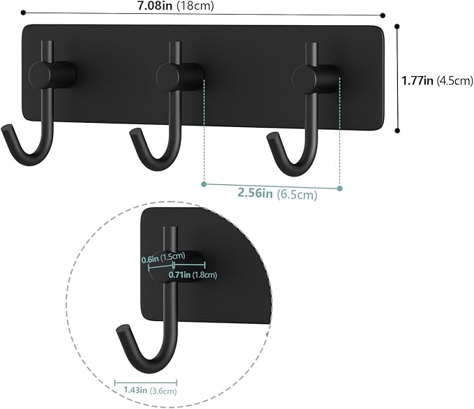 HUFEEOH No-Drill Adhesive Wall Rack with 3 Hooks, Stainless Steel Towel Hanger for Mounting, Key Hooks Hat Holder for Bathroom, Kitchen, Entryway, Bedroom (1 Pack) (Black)