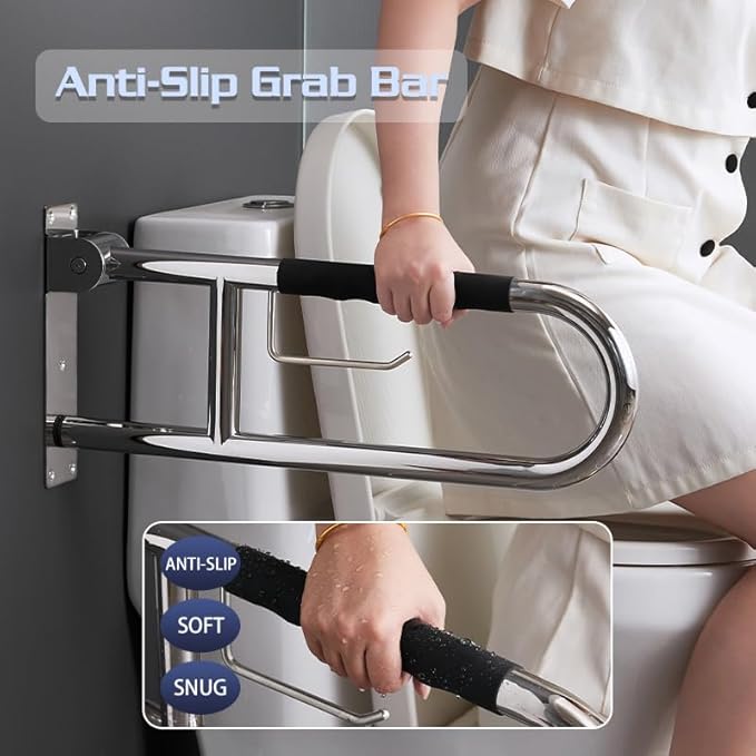 Toilet Grab Bar 31 Inch, BVTOURA Flip-Up Safety Rail with Soft Silicone Anti-Slip Finger-Grip Handle and Paper Holder, Stainless Steel U-Shaped Support Bar for Elderly Disabled, Brushed Nickel
