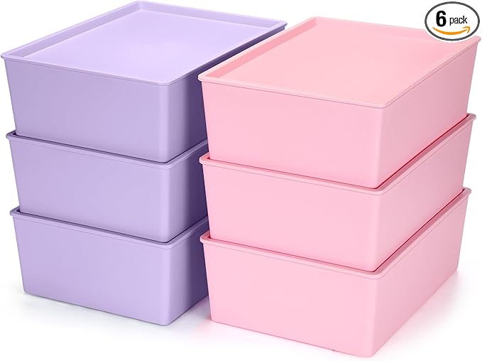 Menkxi 6 Pcs Large Plastic Storage Bins with Lids 14.4 x 10.4 x 5.1 Inch Stackable Storage Containers Decorative Cubby Organizer for Clothes Shelves Garage Closet Office (Pink, Purple)