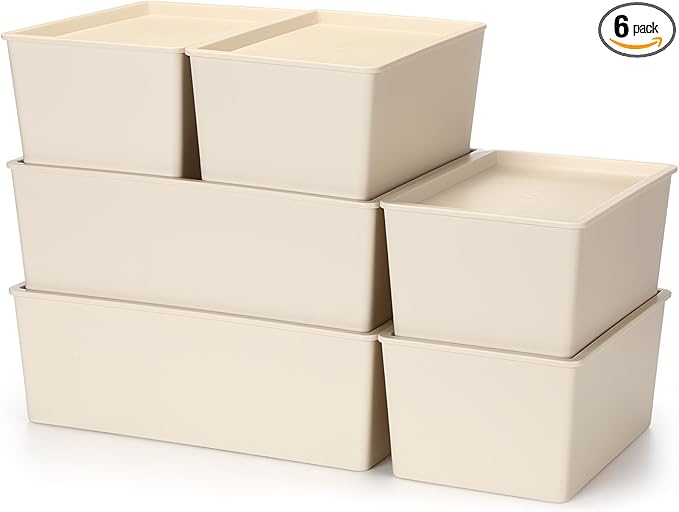 Menkxi 6 Pcs Large and Small Plastic Storage Bins with Lids 14.4 x 10.4 x 5.1 Inch Stackable Storage Containers Decorative Cubby Organizer for Clothes Shelves Garage Closet Office (White)