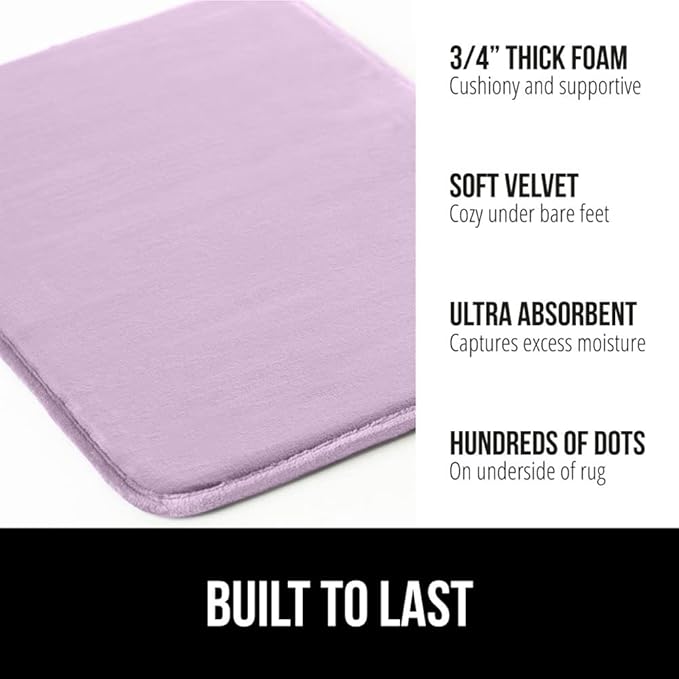 GORILLA GRIP Memory Foam Bath Mat, Soft Absorbent Velvet Bathroom Mats, Durable Dots on Underside, Machine Washable Bathmat, Carpet Rug Room Decor for Shower Tub Floor RV, 30x20 Rugs, Purple
