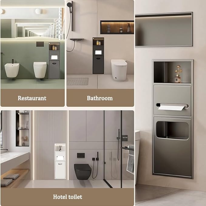 Double-Tier Waterproof Stainless Steel Shower Organizer with Trash Can - 63x20x13.5cm Recessed Bathroom Shelf for Efficient Storage Solutions, Space-Saving Design, White