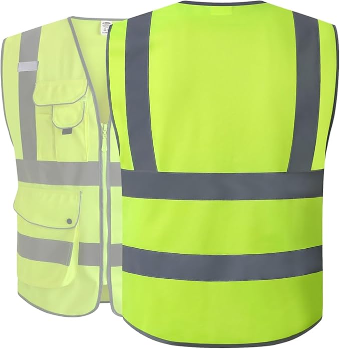 JKSafety 20 Pack 9 Pockets Class 2 High Visibility Zipper Front Safety Vest With Reflective Strips,Meets ANSI/ISEA Standard (X-Large, 156-Yellow)