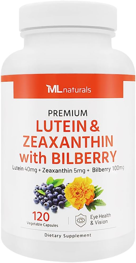 ML Naturals Premium Lutein & Zeaxanthin with Bilberry 120 Vegetable Capsules. Lutein 40 mg, Zeaxanthin 5 mg, and Bilberry 100 mg. Healthy Eyes & Vision, NSF-Certified & cGMP-Compliant Facility
