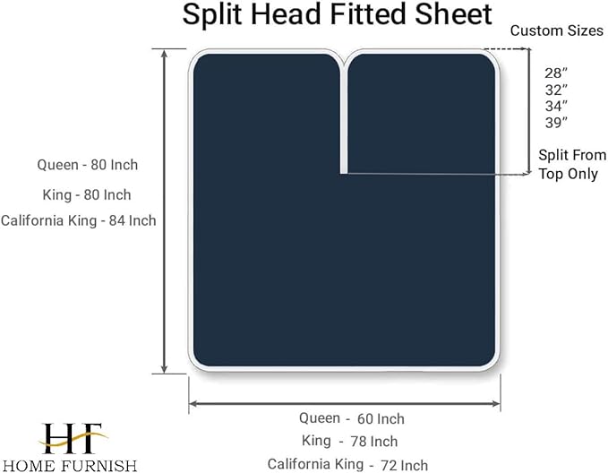 Top Split Queen Fitted Sheet Only for Adjustable beds, Split Down 28 inches from The Top, 600 Thread Count 100% Cotton Half Split Flex Head Fitted Sheet for Sleep Number Beds, Navy Blue