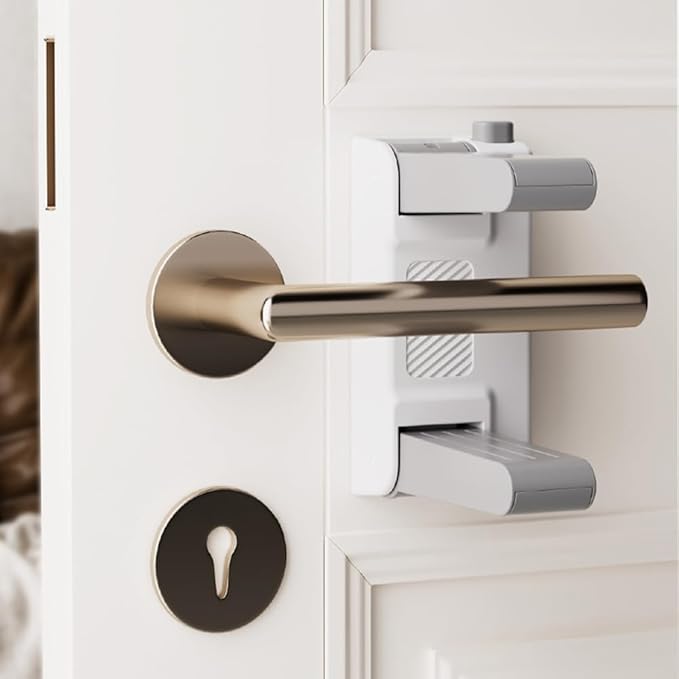 YEYA Upgrade Child Safety Door Handle Lock, White Universal Fit Lever Locks with Stong 3M Adhesive Backing, 1-Pack Toddler Proof Safety Locks for Indoor Doors, Dual-Button Security & Easy Installation