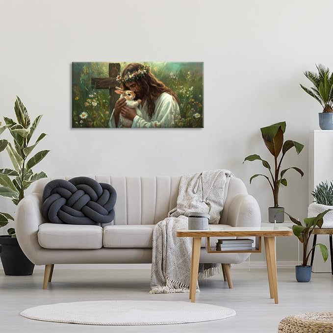 Green Jesus Love Wall Art for Bedroom Canvas Painting Prints GOD Embrace Rabbit Bunny Spiritual Faith Crucifix Cross Vintage Art Deco Spring Artwork Office Farmhouse Decor