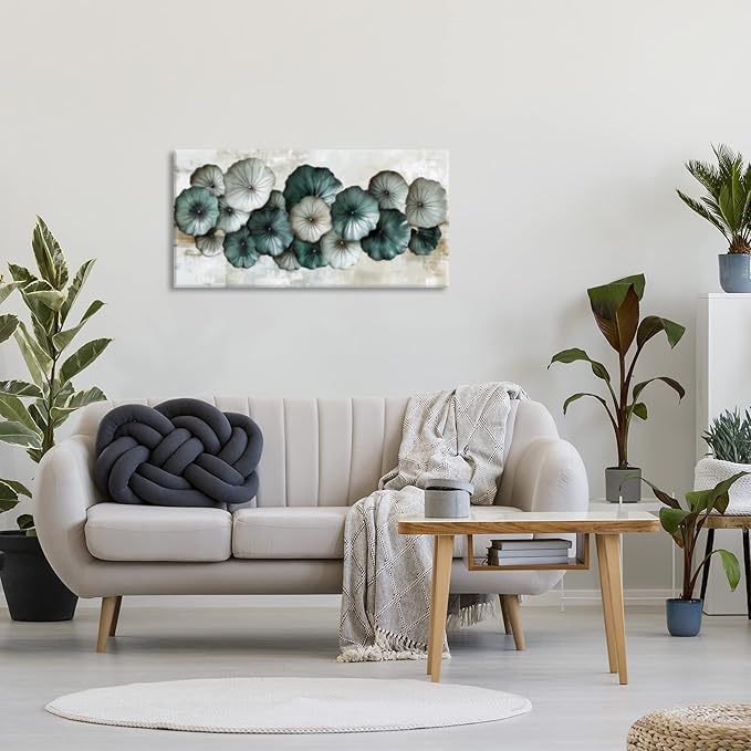 Abstract Cyan Floral Flower Wall Art for Living Room Office Contemporary Art Deco White Painting Prints Modern Canvas Artwork Over The Couch Bedroom Decor