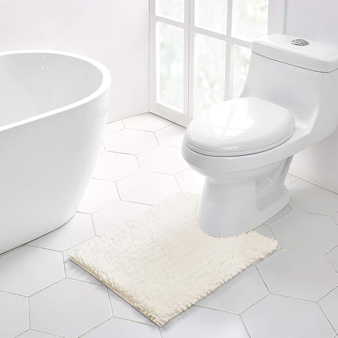 Walensee Bathroom Contour Rug Non Slip Toilet U Shaped Bath Mat (20x24, Ivory) Water Absorbent Super Soft Shaggy Chenille Machine Washable Dry Extra Thick Perfect Absorbant Best Plush Carpet