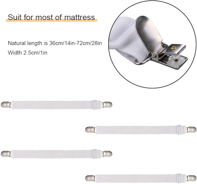 4Pcs Adjustable Bed Sheet Straps Clips, Elastic Mattress Sheet Fasteners Holder and Suspenders, Grippers to Hold Sheet, Mattress, Sofa, Couch, Table Cloth, Recliner Ironing Board Cover and More