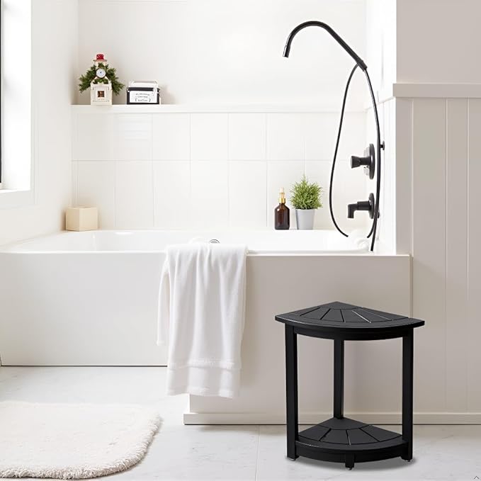 Acacia Wood Corner Shower Stool - Waterproof Triangular Bathroom Bench with Storage Shelf & Soap Dish for Shaving, Black Wood (17.9x12.7x16.5)