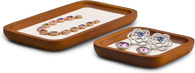 Oirlv Solid Wood Jewelry Display Tray Small Jewelry Tray Rings Earrings Bracelets Necklace Holder Organizer (Rectangle, Creamy-white)