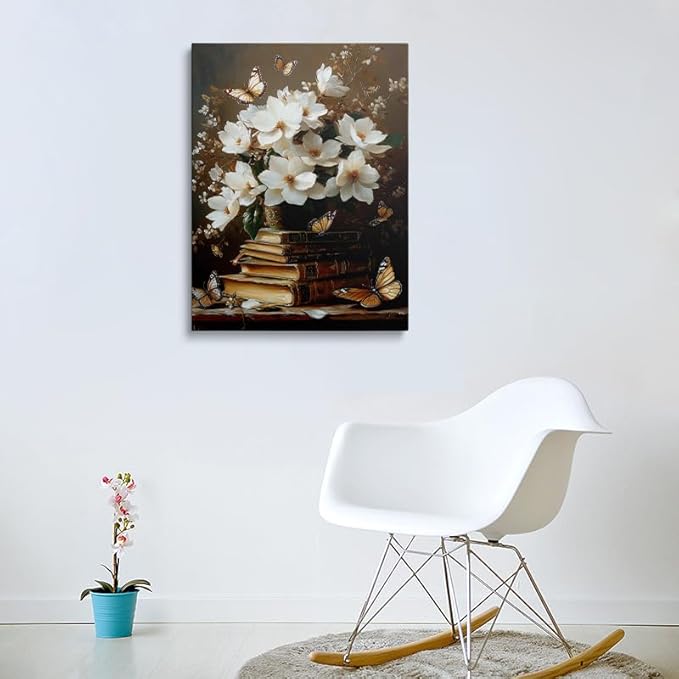 Framed Floral Book Butterfly Vintage Picture Wall Decor Gift Retro Bible Print Poster Rustic Painting Flower Canvas Wall Art for Living Room Bedroom Artwork (16"x24")