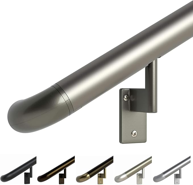 Promenaid 13ft ADA Handrail Kit - Champagne - Complete Indoor/Outdoor Handrail for Stairs - 1.6" Round Anodized Aluminum Railing with 6 Champagne Painted Pivoting Wall Brackets & ADA Wall Returns
