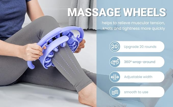 Adjustable Massage Roller, 360° Wraparound Manual Body Roller, 20 Textured Nodes, Detachable, for Thighs, Calves, Legs & Arms, Blue