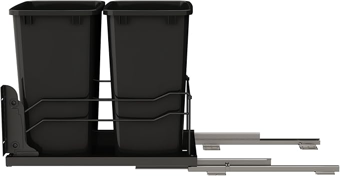 Rev-A-Shelf Double Pullout Trash Can for Under Kitchen Cabinets 35 Qt. 8.75 Gallon w/Soft-Close Slides for 18” Base Cabinets Black, 53WC-1835SCDM-218
