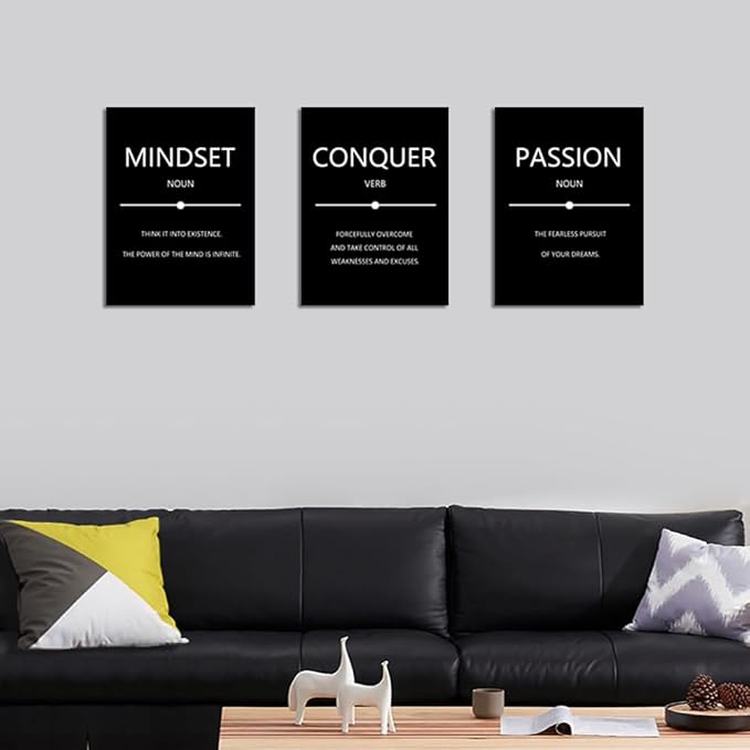 Unbruvo Motivational Wall Decor for Office, 3 Pieces Inspirational Canvas Wall Art, Mindset Passion Conquer Canvas Poster, Positive Quotes for Entrepreneur Meeting Room Lobby Bedroom(60''Wx 28''H)
