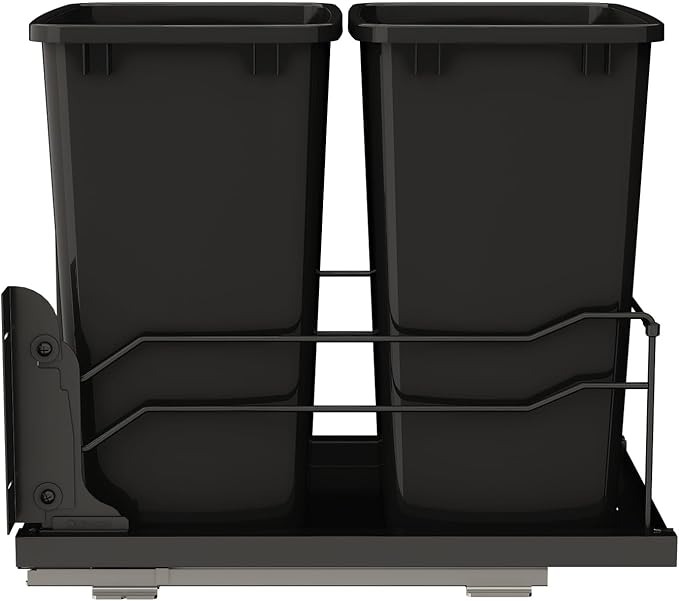 Rev-A-Shelf Double Pullout Trash Can for Under Kitchen Cabinets 35 Qt. 8.75 Gallon w/Soft-Close Slides for 18” Base Cabinets Black, 53WC-1835SCDM-218