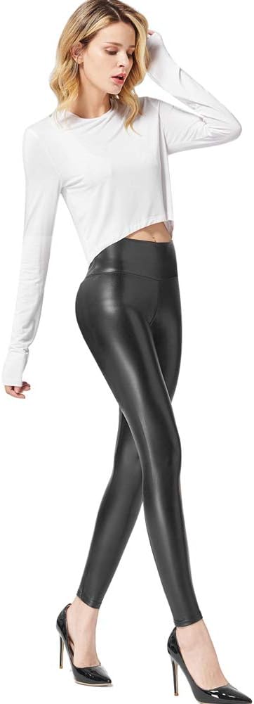 Ginasy Faux Leather Leggings for Women Tummy Control Stretch High Waist Pleather Pants with Thin Fleece Lined