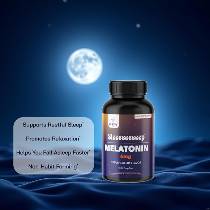 Melatonin 6mg Fast Dissolve Tablets – Natural Berry Flavor, 100 Count – Extra Strength Sleep Support for Adults – Non-Habit Forming, 100-Day Supply | Zealthy Life