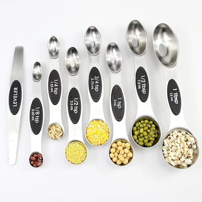 Magnetic Measuring Spoons Set, Stainless Steel, Stackable, Dual-Sided, 8 Pieces, Dry and Liquid Ingredients
