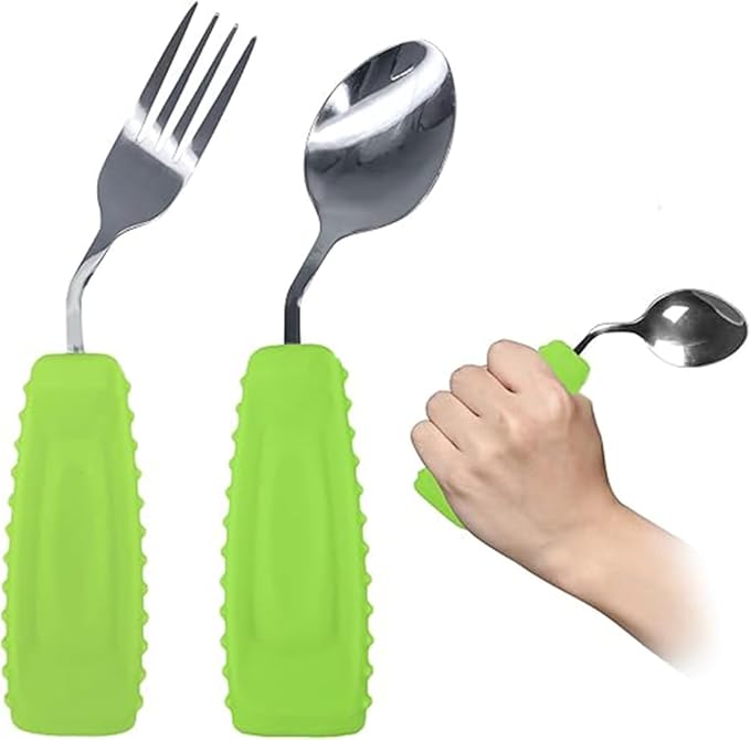 Adaptive Utensils,Weighted Angled Silverware,Parkinsons Aids,Curved Non-Slip Easy Grip Spoon and Fork Set for Tremors,Disabled,Handicap,Elderly,Arthritis (Left Hand,Pack of 2,Green)