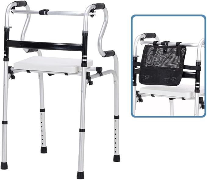 300LBS Lightweight Folding Walker with Seat,Storage Bag,Adjust Height (5'-6'5"), 2-in-1 Fixed/Cross Modes, Stable Aluminum Mobility Aid for Seniors, Post-Surgery Patients & Mobility-Impaired