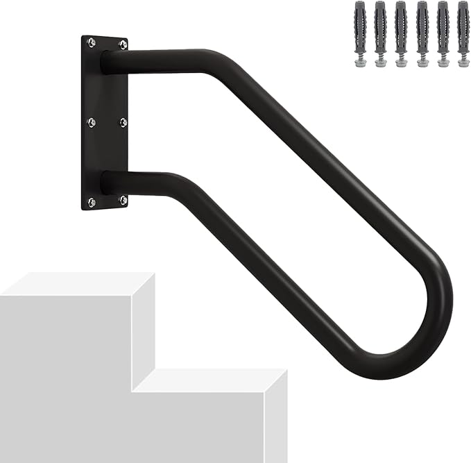 Hand Rails for Outdoor 1-2 Steps, Indoor Stairs, Bathroom, Wall Mount Non-Slip U-Shape Stair Hand Railing Black 1 Pack