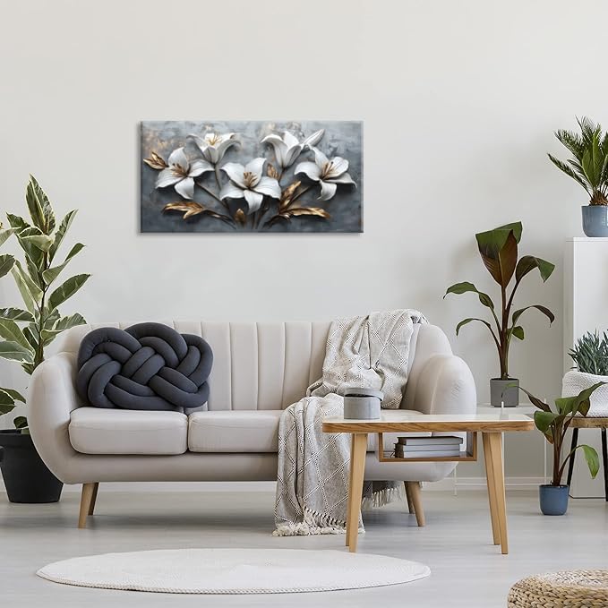 White Flowers Wall Art for Bedroom Canvas Painting Prints Beautiful Floral Gold Leaves Gray Modern Artwork Office Girls Decor