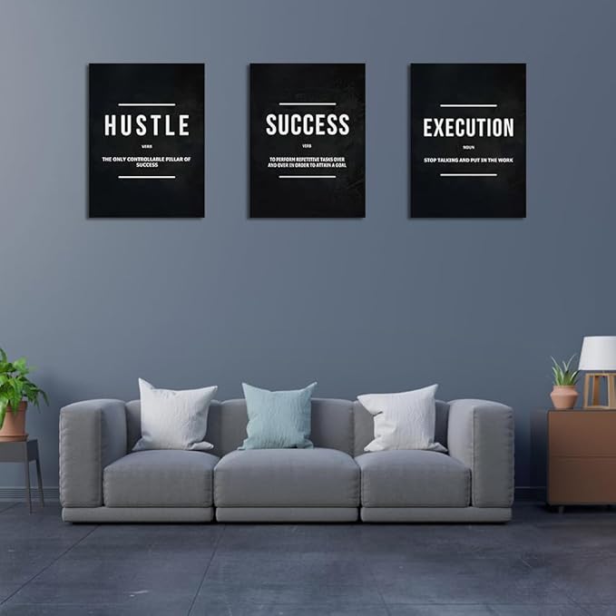 Unbruvo Hustle Success Execution Wall Art for Office, Inspirational Motivational Wall Decor, 3 Pieces Positive Quotes Canvas Wall Art for Entrepreneur Living Room Bedroom(60''Wx 28''H)