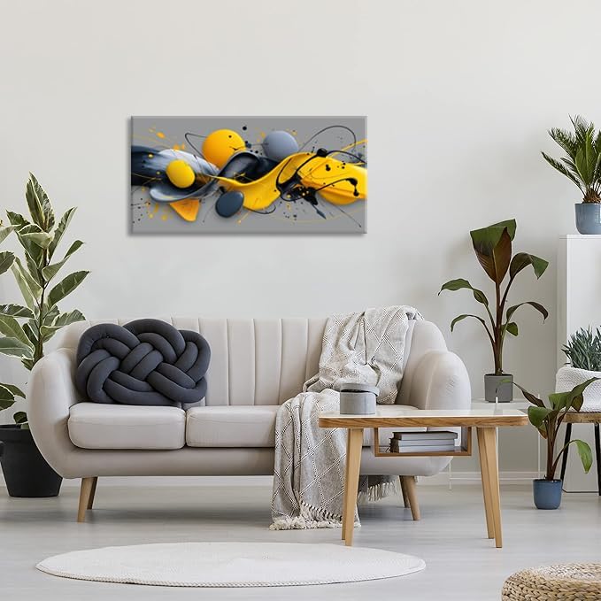 Yellow Abstract Splash Pigment Wall Art for Living Room Canvas Painting Prints Dynamic Art Deco Gray Vibrant Artwork Office Bedroom Family Decor Large
