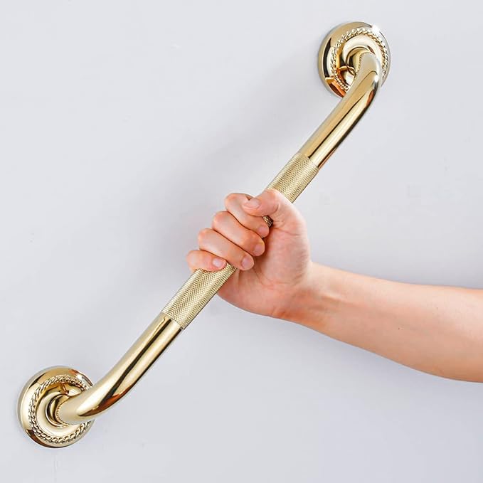 Textured Shower Grab Bar, 12-Inch Bathroom Support Rails, Stylish Safety Armrest Hand Rail, Polished Brass/Gold Finish, Good for Senior, Kids, Elderly