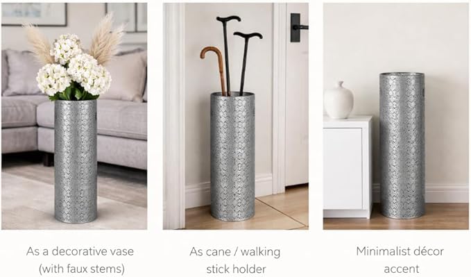 Concepts 21 inch Heavy Duty Metal Umbrella Stand - Durable Storage Holder for Umbrellas - Indoor and Outdoor Use - Stylish and Modern Organizer for Entryways. (Silver Lace)